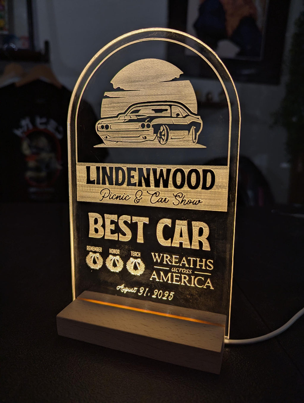 Customized Acrylic Trophy with Wood LED Base and Battery Pack| 7" Custom LED Award | Custom LED Plaque Award | Corporate Award