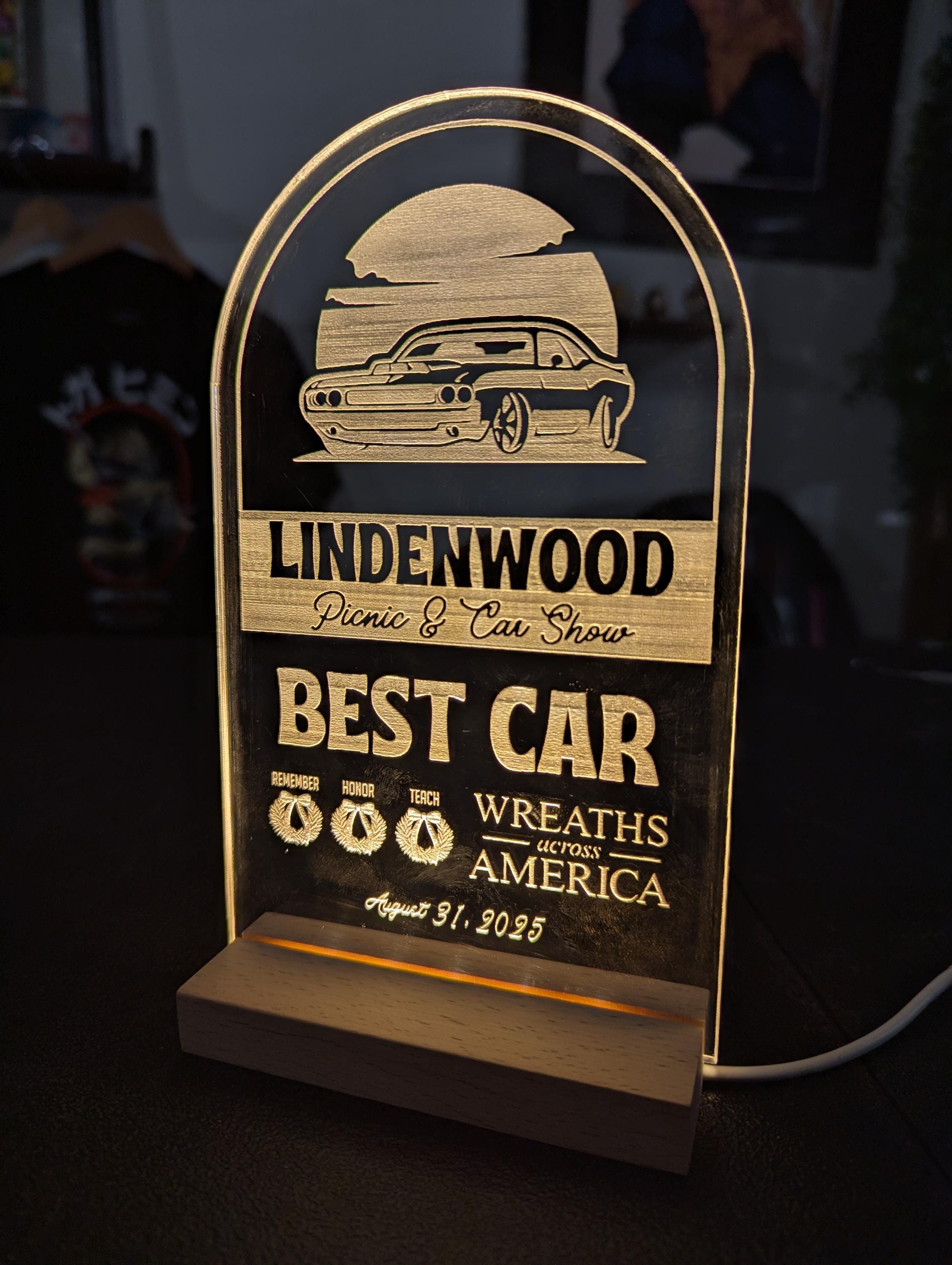 Customized Acrylic Trophy with Wood LED Base and Battery Pack| 7" Custom LED Award | Custom LED Plaque Award | Corporate Award