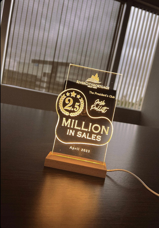 Customized Acrylic Trophy with Wood LED Base and Battery Pack| 7" Custom LED Award | Custom LED Plaque Award | Corporate Award