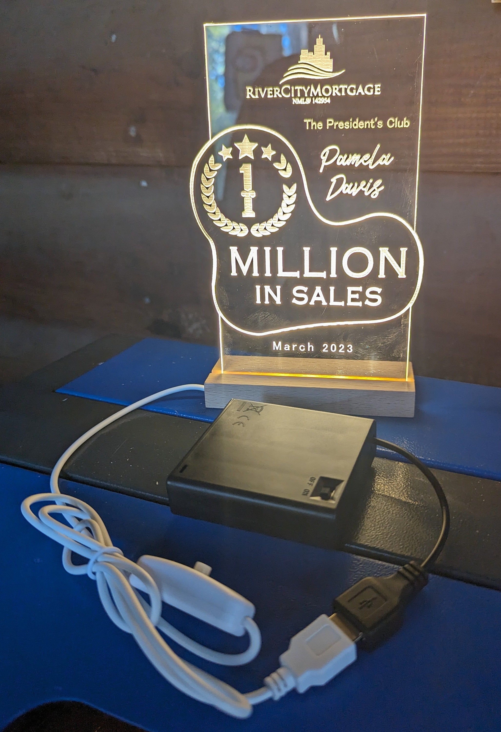 Customized Acrylic Trophy with Wood LED Base and Battery Pack| 7" Custom LED Award | Custom LED Plaque Award | Corporate Award