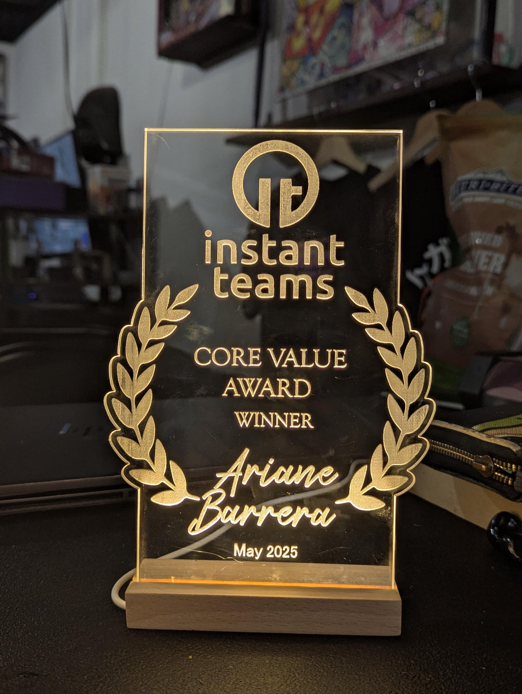 Customized Acrylic Trophy with Wood LED Base and Battery Pack| 7" Custom LED Award | Custom LED Plaque Award | Corporate Award