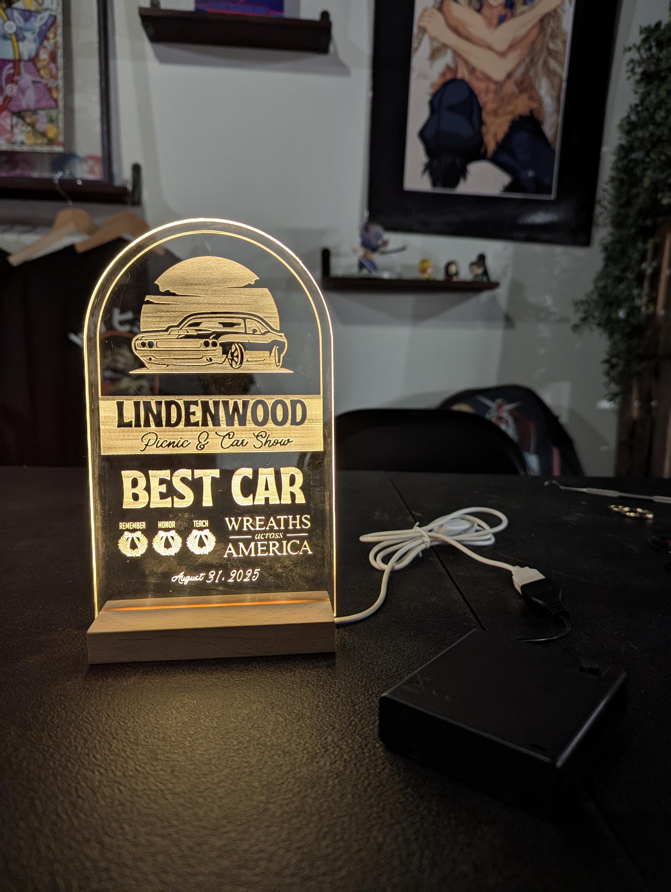 Customized Acrylic Trophy with Wood LED Base and Battery Pack| 7" Custom LED Award | Custom LED Plaque Award | Corporate Award
